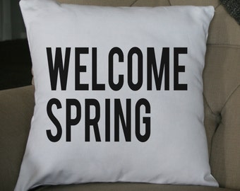 Welcome Spring Pillow, Spring Pillow, Burlap Pillow, Decorative Pillow, Holiday Pillow, Easter Pillow, Throw Pillow, 16x16 Pillow