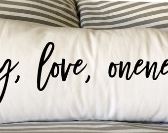 Joy-Love-Oneness Pillow, 12x24 Lumbar, Housewarming Gift, Burlap Pillow, Wedding, New Home Gift, Gift Pillow