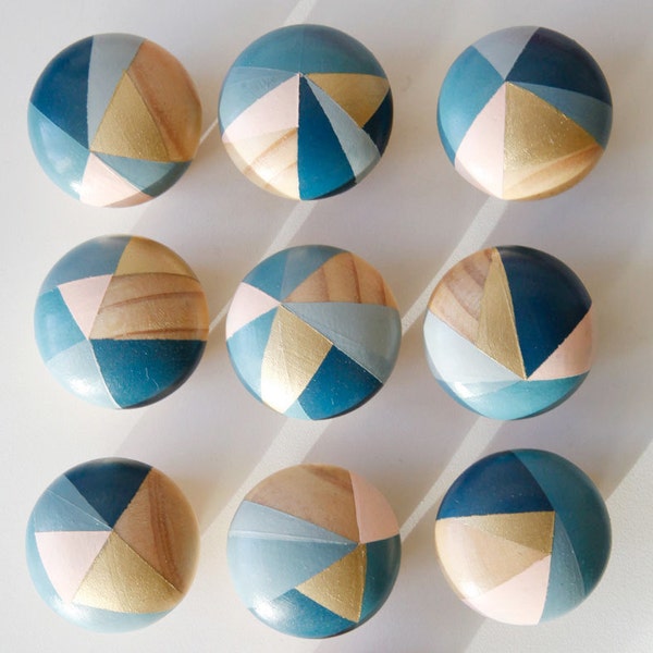 Bluebell - Hand painted colourful navy, blue, grey, pink, gold & wood colourful geometric door knobs/handles- sustainable gifts + homewares