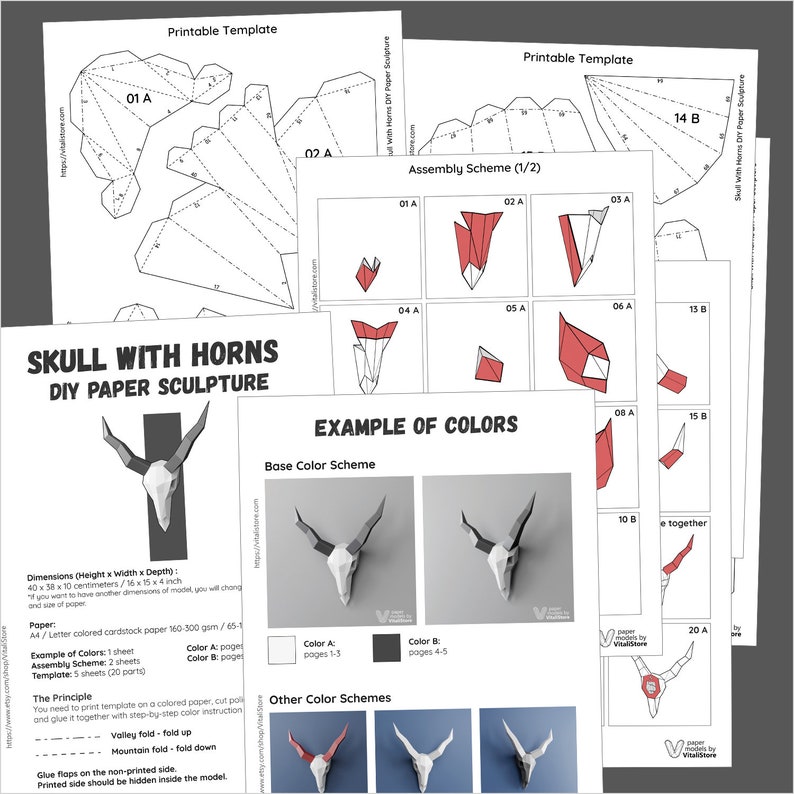DIY Gift Papercraft 3D Skull Low Poly Skull Goat Skull Faux Taxidermy PDF Template Skull 3D Papercraft Skull PDF Kit 3D Origami Horns