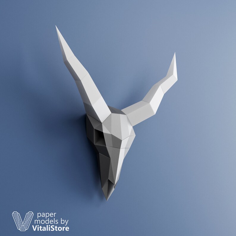 DIY Gift Papercraft 3D Skull Low Poly Skull Goat Skull Faux Taxidermy PDF Template Skull 3D Papercraft Skull PDF Kit 3D Origami Horns