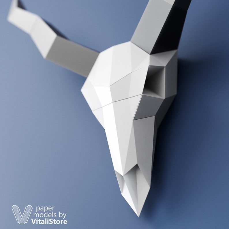 DIY Gift Papercraft 3D Skull Low Poly Skull Goat Skull Faux Taxidermy PDF Template Skull 3D Papercraft Skull PDF Kit 3D Origami Horns