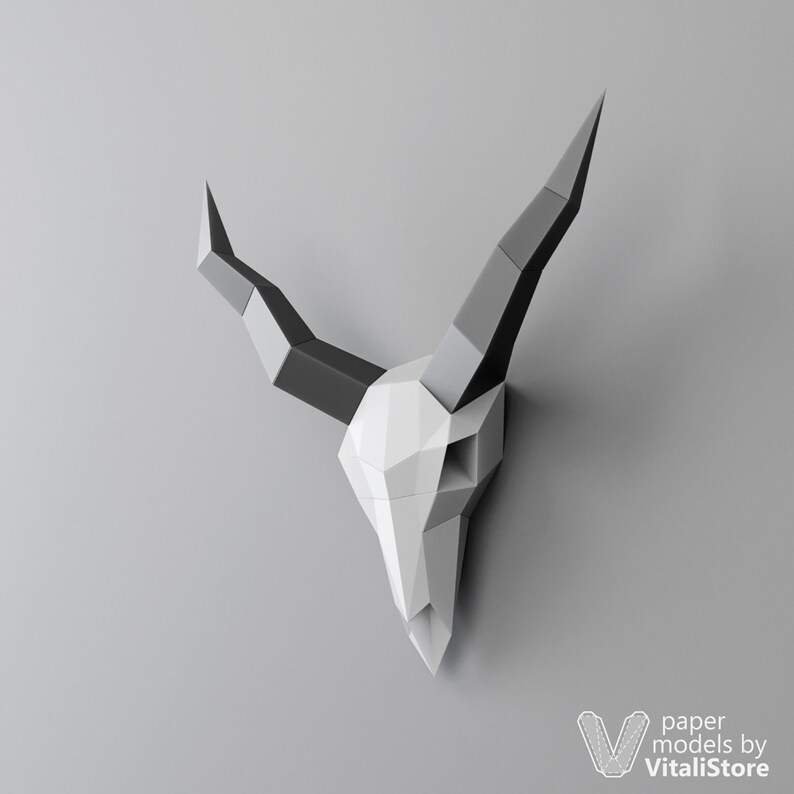 DIY Gift Papercraft 3D Skull Low Poly Skull Goat Skull Faux Taxidermy PDF Template Skull 3D Papercraft Skull PDF Kit 3D Origami Horns
