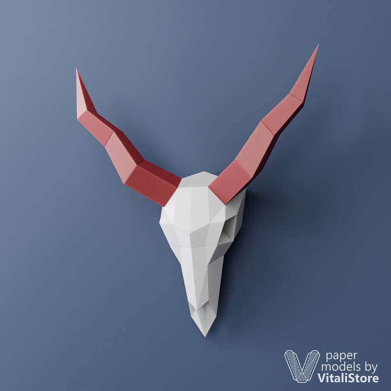 DIY Gift Papercraft 3D Skull Low Poly Skull Goat Skull Faux Taxidermy PDF Template Skull 3D Papercraft Skull PDF Kit 3D Origami Horns