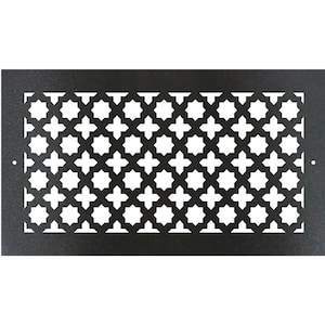 May include: A rectangular black metal vent cover with a repeating white geometric pattern. The pattern consists of a series of intersecting shapes, creating a decorative and symmetrical design. Two small holes are visible on the left and right sides.