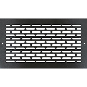 May include: A rectangular black metal vent cover with a pattern of evenly spaced horizontal and vertical slots. The vent cover has a matte finish and is designed for air circulation.