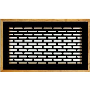 May include: Rectangular black vent cover with a pattern of horizontal slots, set within a natural wood frame. The vent cover is designed for air circulation and has a clean, modern aesthetic.