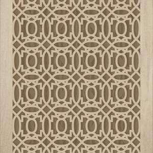 May include: A beige wooden frame with a decorative cutout pattern. The pattern is a repeating geometric design of circles and ovals.