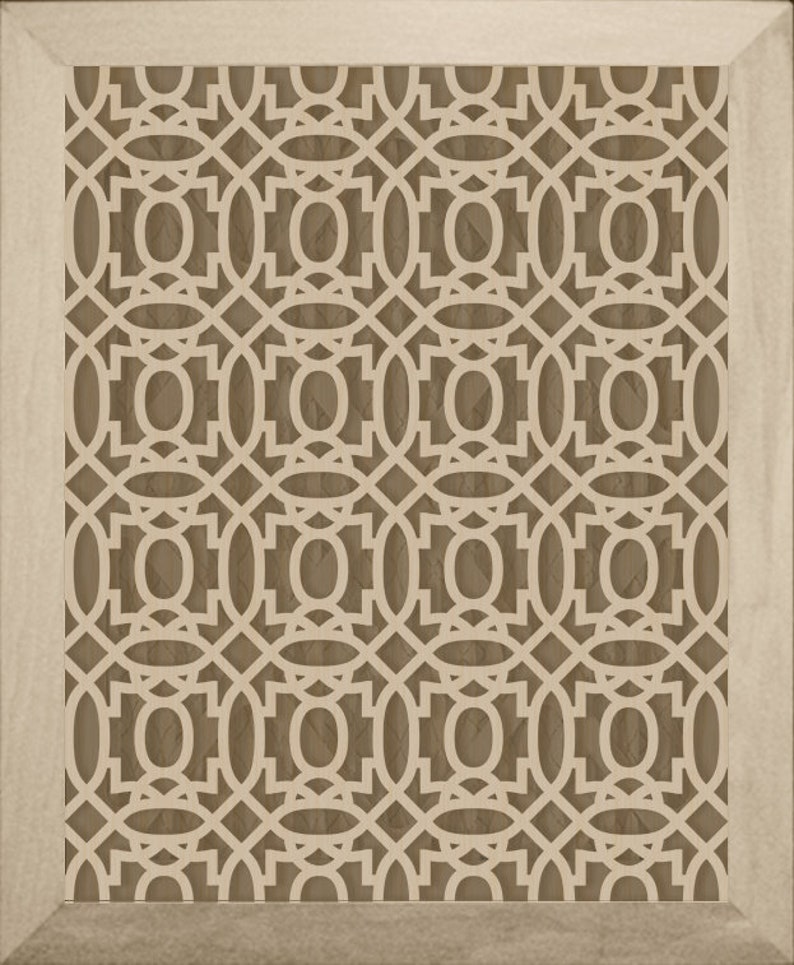 May include: A beige wooden frame with a decorative cutout pattern. The pattern is a repeating geometric design of circles and ovals.