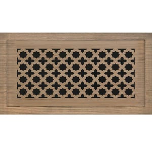 May include: Rectangular wooden vent cover with a black geometric pattern. The frame is a light brown color, and the pattern is a repeating design of black shapes. This decorative vent cover is suitable for home decor.