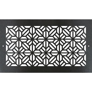 May include: Black metal vent cover with a geometric starburst pattern. The rectangular cover features a repeating design of interconnected shapes, creating a symmetrical and modern aesthetic. Two small holes are visible on the sides.