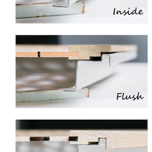 May include: Three close-up images showing different ways to install a wood ceiling tile. The first image shows the tile installed "Inside" the metal frame. The second image shows the tile installed "Flush" with the metal frame. The third image shows the tile installed "Wrap-Around" the metal frame.