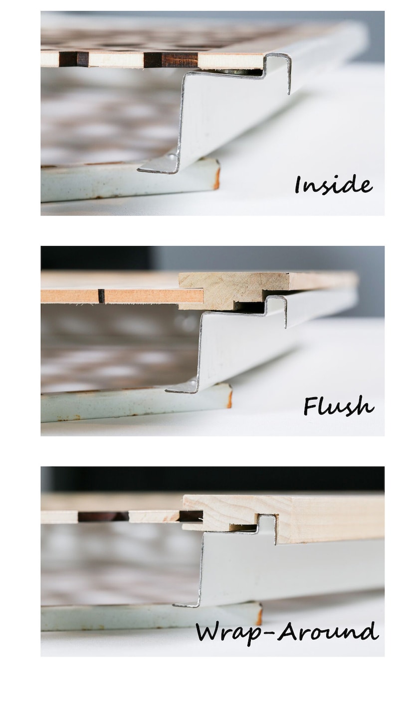 May include: Three close-up images showing different ways to install a wood ceiling tile. The first image shows the tile installed "Inside" the metal frame. The second image shows the tile installed "Flush" with the metal frame. The third image shows the tile installed "Wrap-Around" the metal frame.