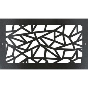 May include: A black metal decorative panel with a geometric design. The panel features a series of interconnected, irregular shapes cut out to reveal a white background. Two small holes are visible on the edges.