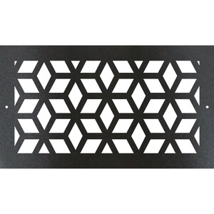 May include: A rectangular, black metal decorative panel featuring a geometric pattern of interconnected diamond shapes. The design is cut out, revealing a white background. Two small holes are visible on the edges.