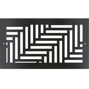 May include: Black metal vent cover with a geometric pattern of white rectangular shapes. The design features a woven or basket-weave style, with small holes on each end. The vent cover is rectangular.