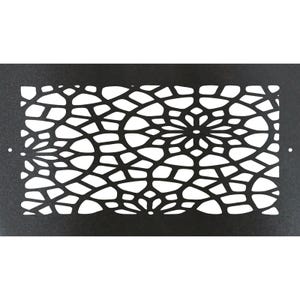 May include: A black metal decorative panel with a white, intricate, floral-inspired cutout design. The pattern features a central flower-like motif surrounded by organic shapes. Two small holes are visible on the right side.