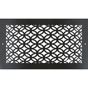 May include: A rectangular black metal decorative panel with a repeating white geometric pattern. The pattern consists of overlapping circles, creating a lattice-like design. Two small holes are visible on the left and right edges.