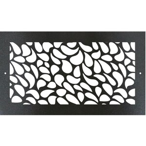 May include: A rectangular black metal decorative panel with a white teardrop pattern cut out. The panel has a solid black border and two small holes on the sides.