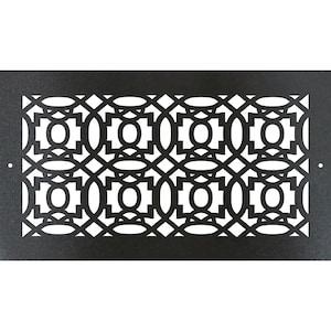 May include: Black metal decorative vent cover with a geometric pattern. The design features interlocking circles and squares, creating a symmetrical and openwork appearance. The vent cover is rectangular with a matte finish.