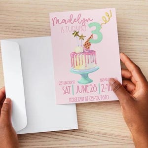 Aquarelle lunatique faire-part pour 3e anniversaire en téléchargement numérique personnalisé pour les filles