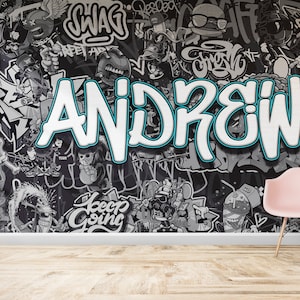 Carta da parati personalizzata con personaggi graffiti in bianco e nero