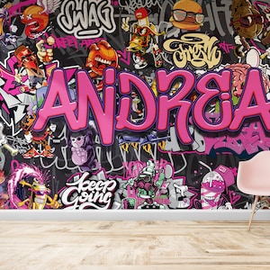 Carta da parati personalizzata con personaggi graffiti rosa