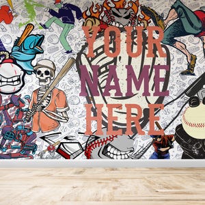 Carta da parati personalizzata con personaggi graffiti del baseball