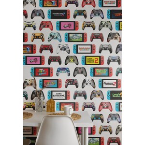 May include: A white background wallpaper with a repeating pattern of Nintendo Switch controllers and game cartridges. The controllers are in various colors, including red, blue, green, and black. The game cartridges feature popular Nintendo games, such as Super Mario Odyssey, Super Smash Bros. Ultimate, and Zelda: Breath of the Wild.