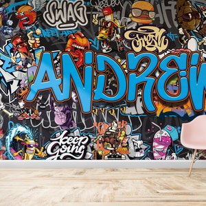 Carta da parati personalizzata con personaggi graffiti blu