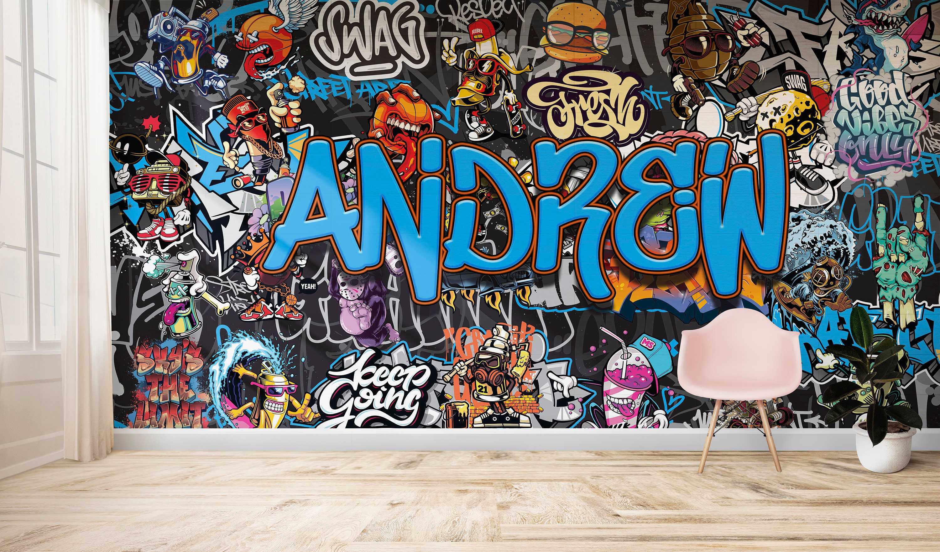 Personalised Blue Graffiti Character Wallpaper