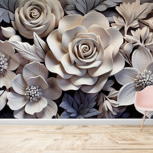 Carta da parati con fiori 3D grigi e bianchi