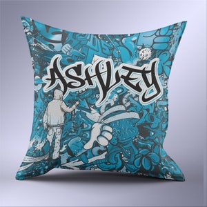 Personalised Graffiti Blue Cushion – Custom Name Pillow, Birthday Gift Idea-787112