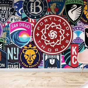 May include: A wall mural featuring a collage of logos from various sports teams, including the Portland Thorns, San Diego Wave, and Angel City FC. A pink chair sits in front of the mural. The text "ANY FRANCHISE IN THE MIDDLE" is visible.