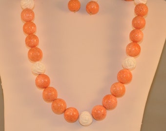 Carved White and Pink Coral Necklace and Earrings Set