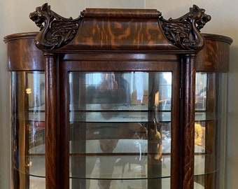 Victorian Gothic Oak Mirrored curved Display Cabinet Gargoyle Griffin we ship