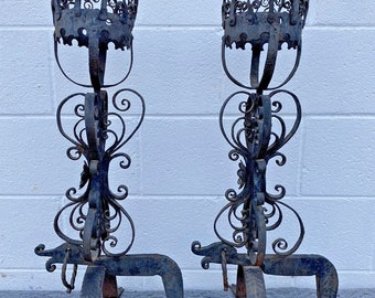 Victorian Spanish Revival Hand Wrought Dragon Lizard Basket Candle Top Andirons