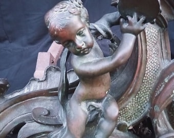 Pair 19th Century French Chenets Cherubs Rococo 16.5"x14x21 nice patina andirons