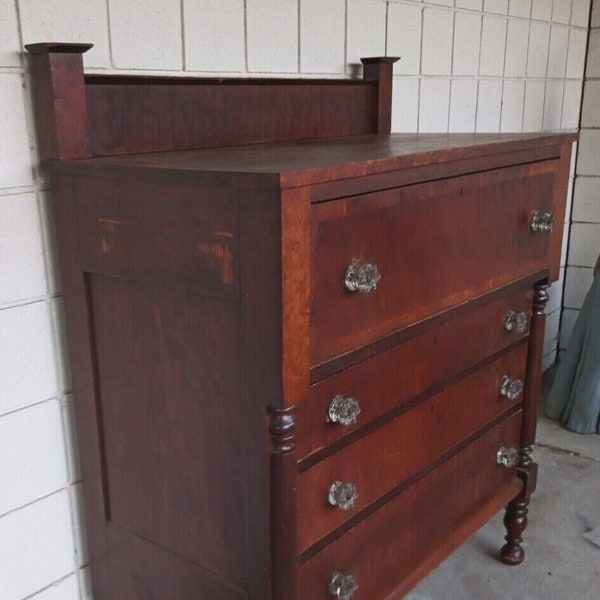 1860's Gentlemen's Chest Tiger curly maple walnut 4 drawer glass pulls we ship