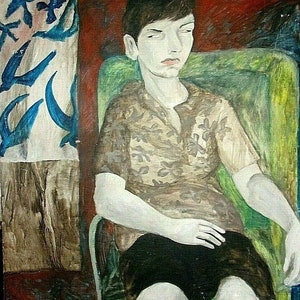 May include: A painting of a person sitting in a green chair. The person is wearing a brown shirt with a floral pattern and black shorts. The background is a brown and blue wall.