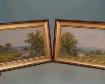 Pair large r.a.k. marshall watercolors sheep landscape 21" painting titled