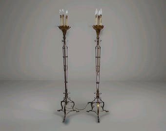 Pair iron original paint rewired floor lamps 65" 1920s candle 5 light gilt tole