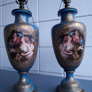 Pair antique French porcelain bronze celeste blue urn lamps 29&quot; &quot;Rodin&quot; Sevres era large hand painted