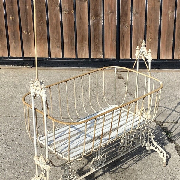 Antique 19th C American Gothic Iron Baby Rocking Cradle Crib Tester bed w Ship