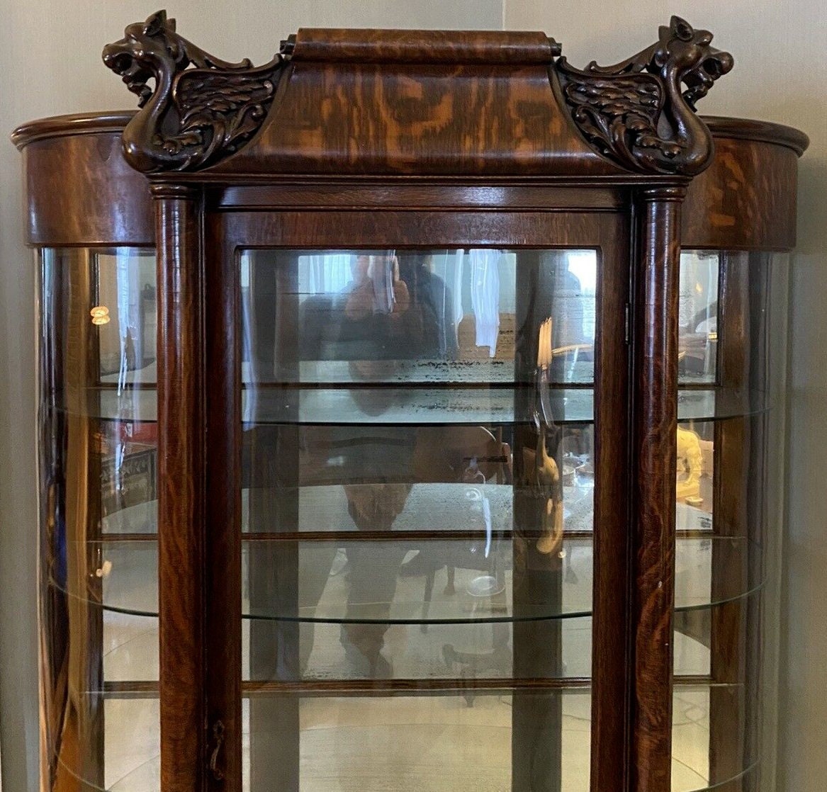 Victorian Gothic Oak Mirrored Curved Display Cabinet Gargoyle