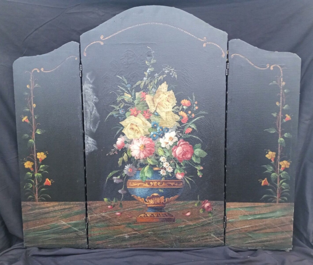 Antique Leather 1920's Floral Urn Fireplace Screen Oil Painting