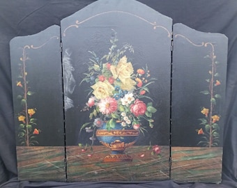 Antique Leather 1920's Floral Urn Fireplace Screen Oil Painting Folds 37"h x41"