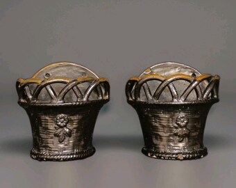 Antique pair 2 pottery basket wall planters italian 11" sconces 1930's