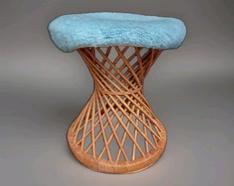 Vtg mcm boho wicker pedestal stool ottoman 1960s' hour glass 17" table italian