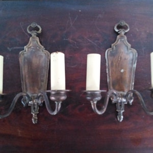 Pair antique bronze 2 arm Georgian Revival wall sconces early Caldwell era 11.5&quot;
